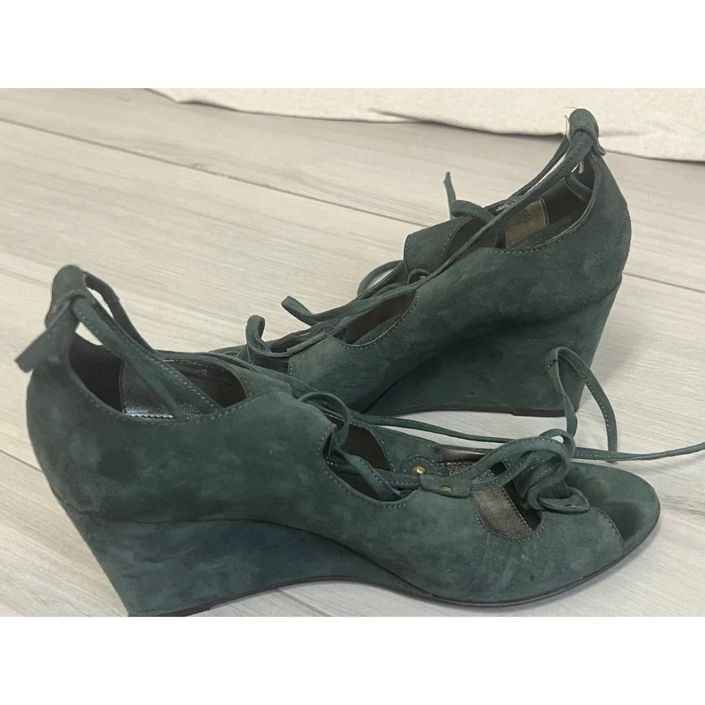 J.Crew Wedge Sandals Womens Sz 8 Dark Green Suede Lace Up Peep Toe Boho Chic